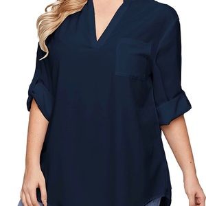 Milumia Women's Plus Size Notch V Neck Work Blouses Half Sleeve High Low